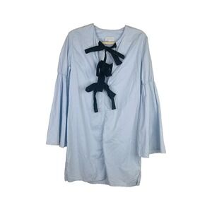 Rebecca Vallance Womens Size 4 Bow Tie Shirt Dress Mini Blue Cotton Bell Sleeves
